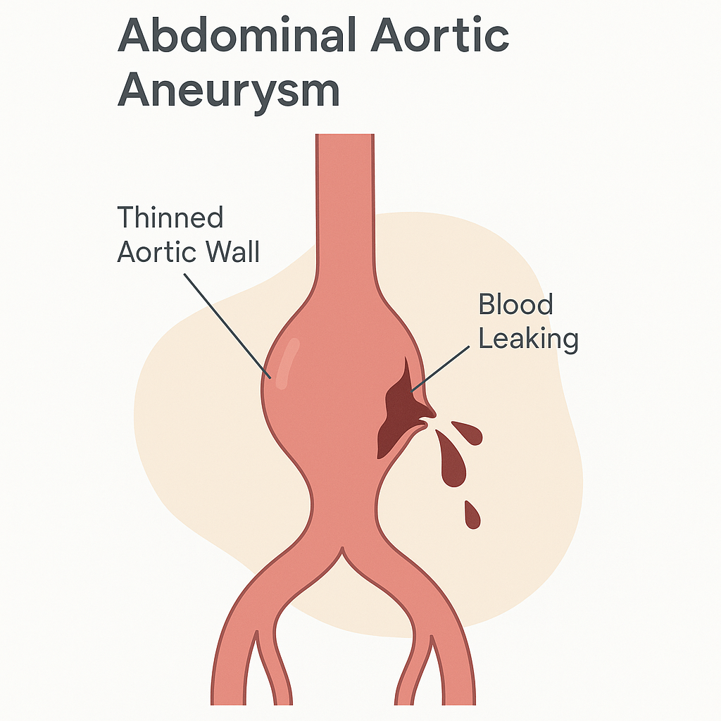 Diagram of a ruptured abdominal aortic aneurysm with blood escaping from the torn, ballooned wall into the abdomen.