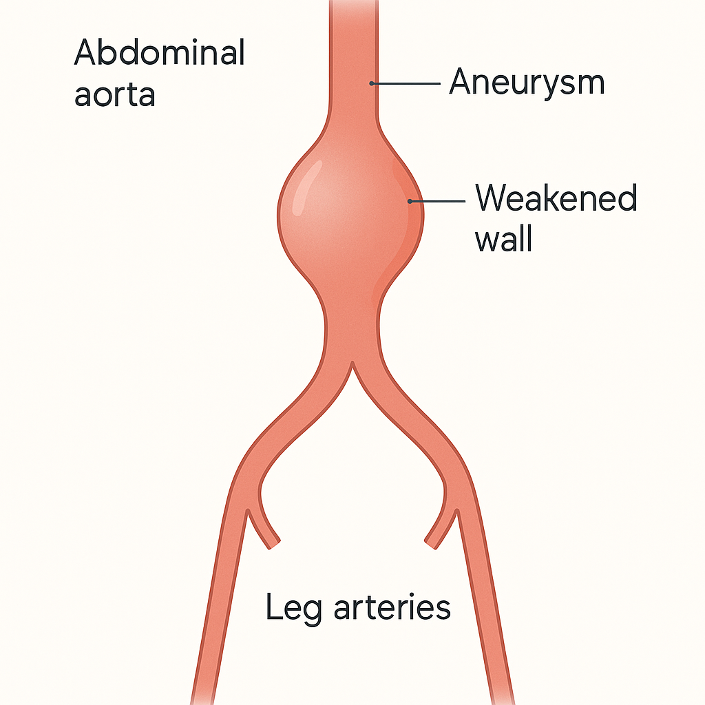 Diagram of the abdominal aorta with a balloon-like bulge. The aorta runs down through the abdomen and splits into the two leg arteries. A section of its wall has weakened and ballooned outward into a bulge.
