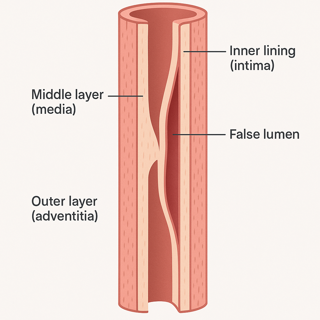 Cross-section diagram of an artery wall's three layers with a tear in the inner lining letting blood split into the middle layer.