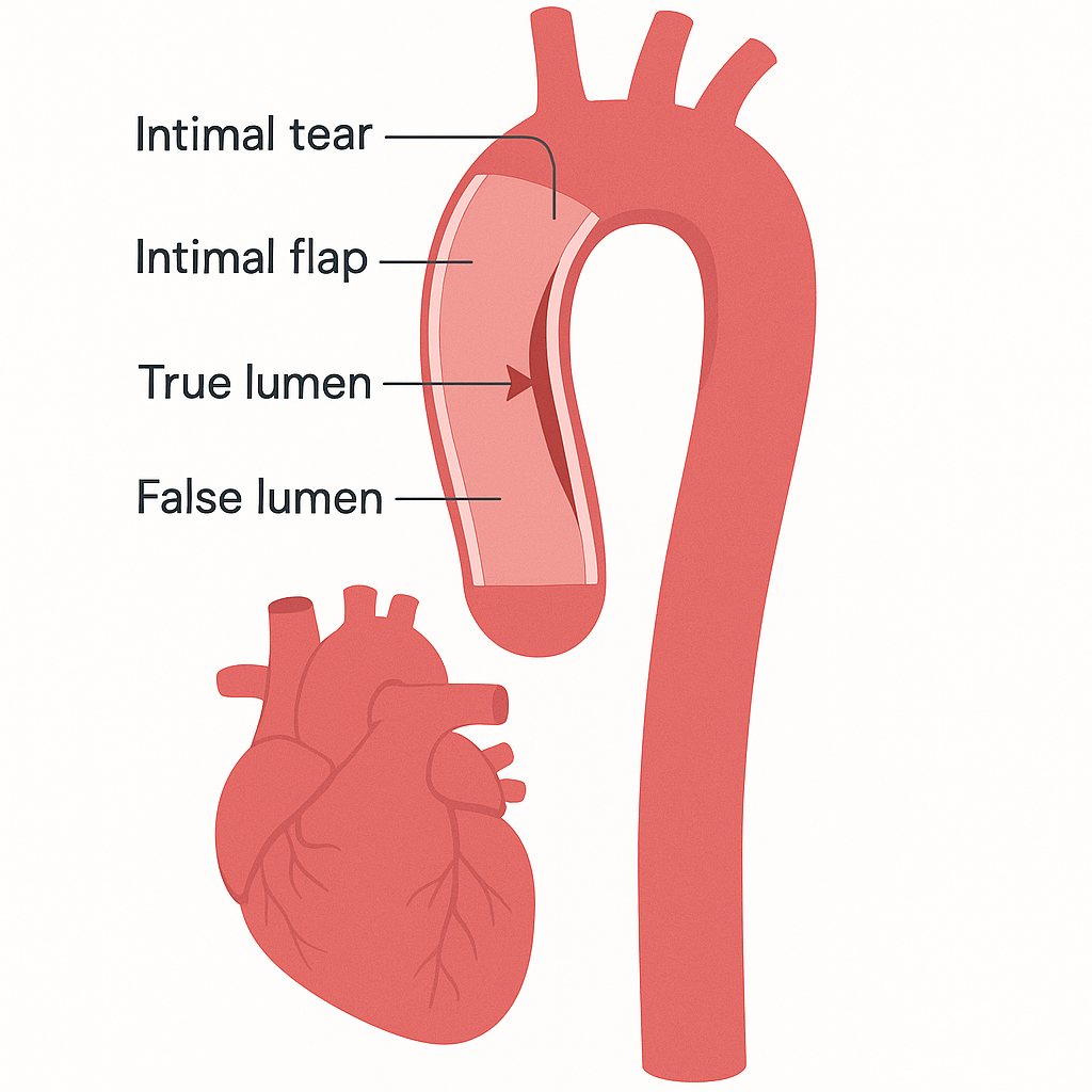 Cross-section of the aorta showing blood tearing between the wall layers. The aorta is the body's main artery. Its inner lining has torn, letting high-pressure blood force its way between the layers of the wall and create a second, false channel.