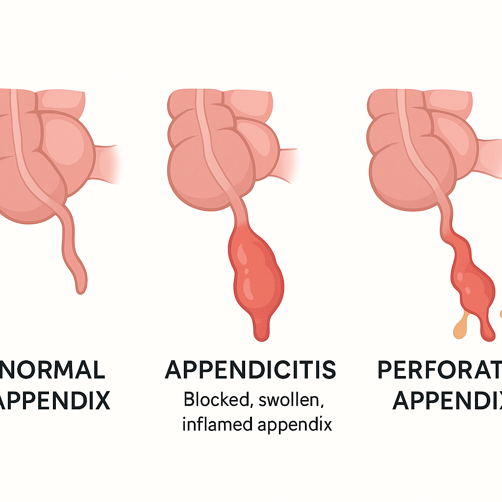 Diagram showing three stages of appendicitis: normal appendix, inflamed swollen appendix, and burst appendix leaking pus.