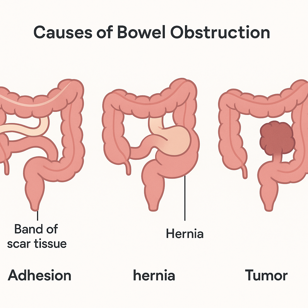 Diagram of three causes of bowel obstruction: an adhesion band, a hernia trapping bowel, and a tumour blocking the bowel.