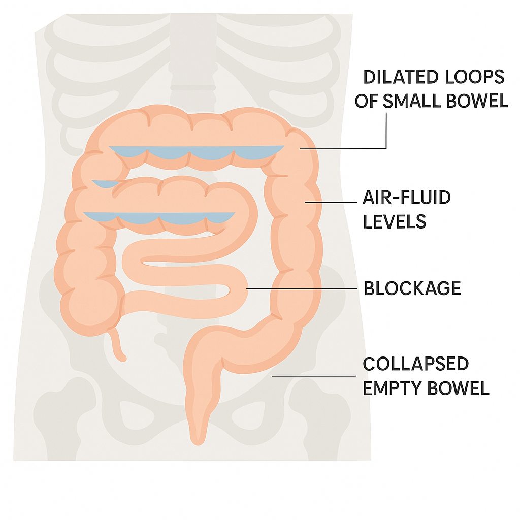 Diagram resembling an abdominal X-ray showing dilated bowel loops with air-fluid levels above a blockage and collapsed bowel beyond.