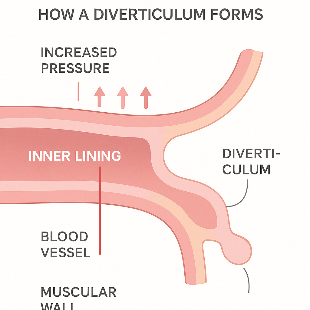 Cross-section diagram of the colon wall showing a diverticulum forming as the lining pushes through a weak point in the muscle.