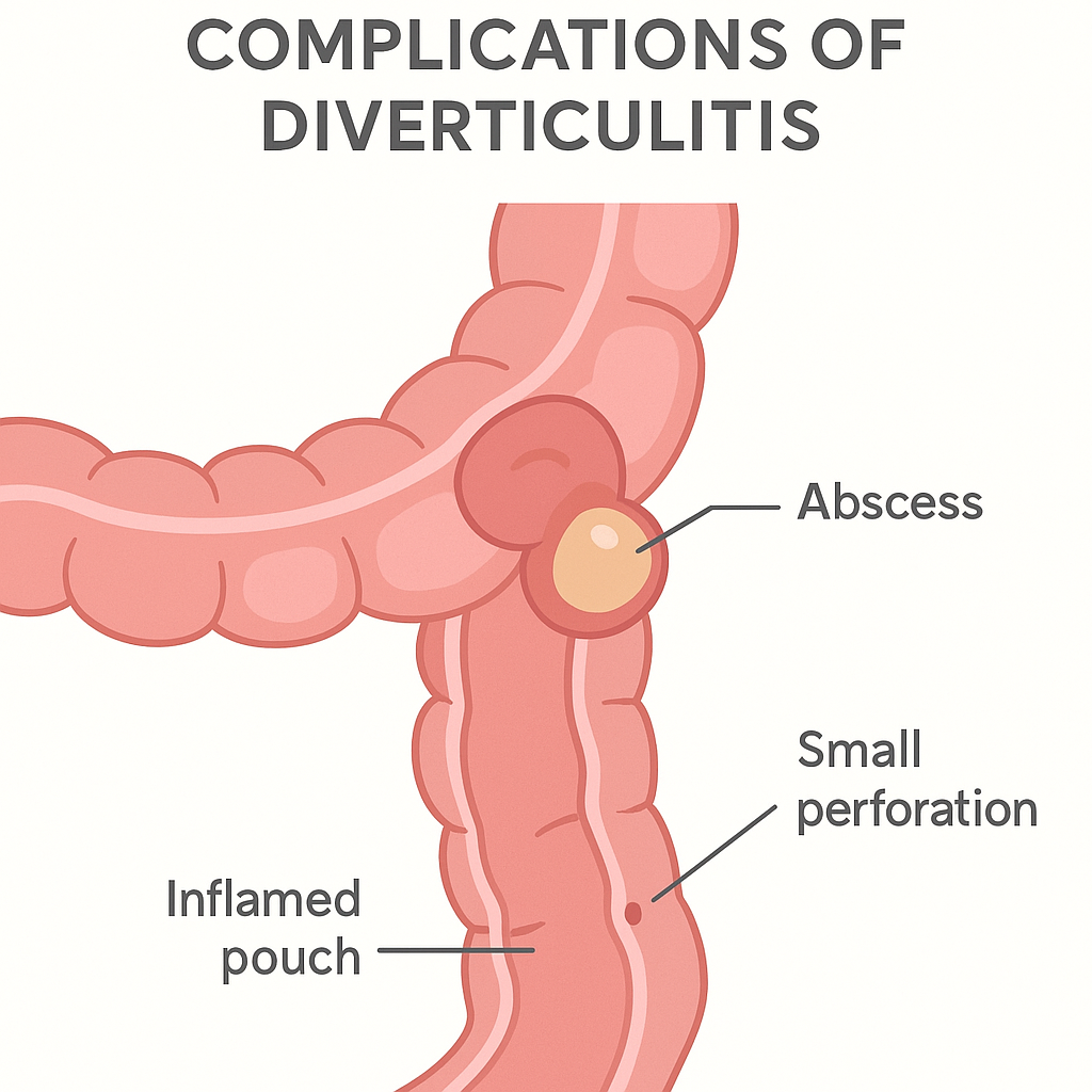 Diagram of diverticulitis complications: an abscess of pus beside the colon and a small perforation in the colon wall.