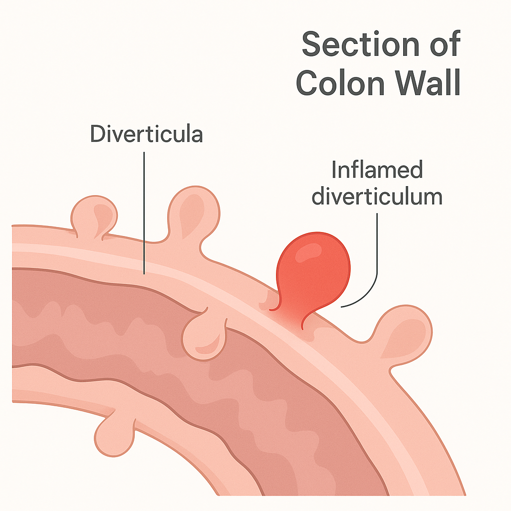 Diagram of the colon wall with small pouches, one of them inflamed. A length of large intestine showing several small pouches bulging out from the wall. One pouch has become inflamed and infected.