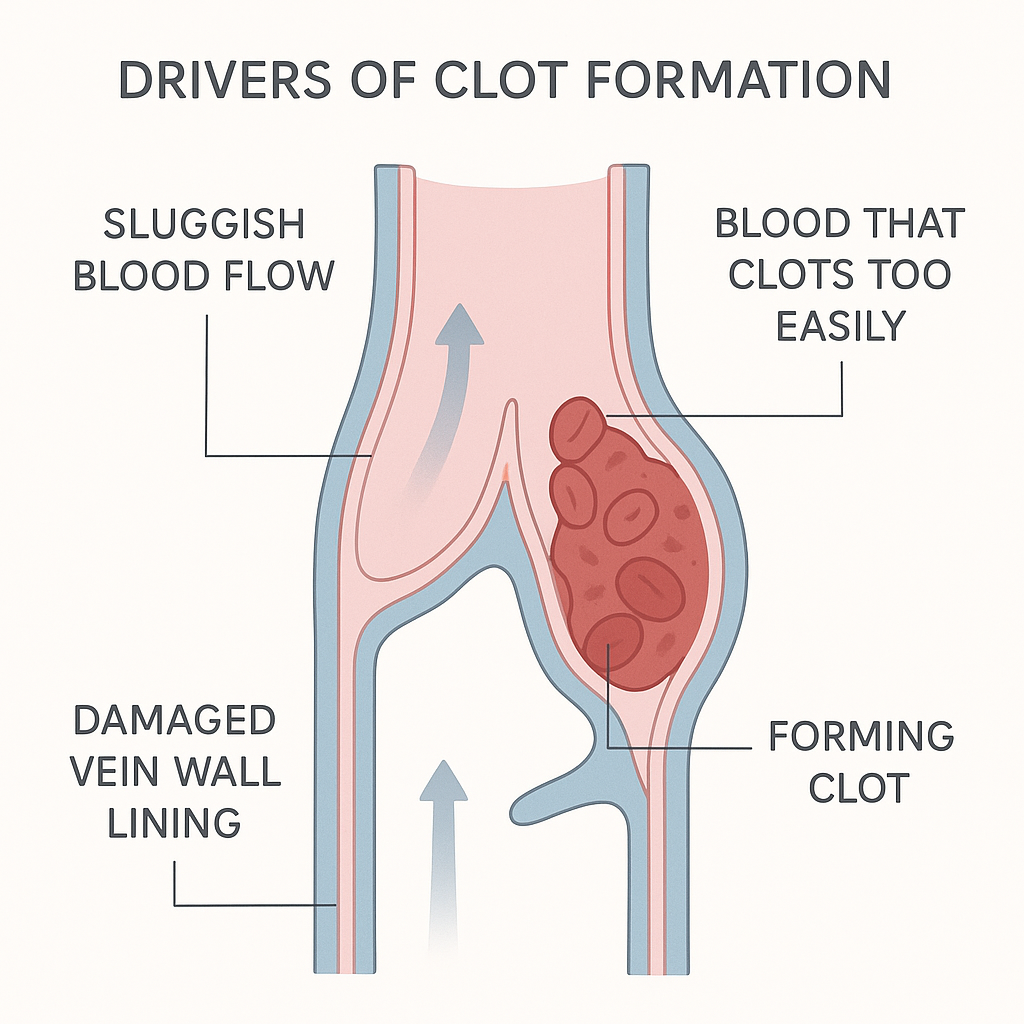 Diagram of the three drivers of clot formation in a vein: slow blood flow, damaged vein lining, and increased clotting tendency, with a clot forming behind a valve.