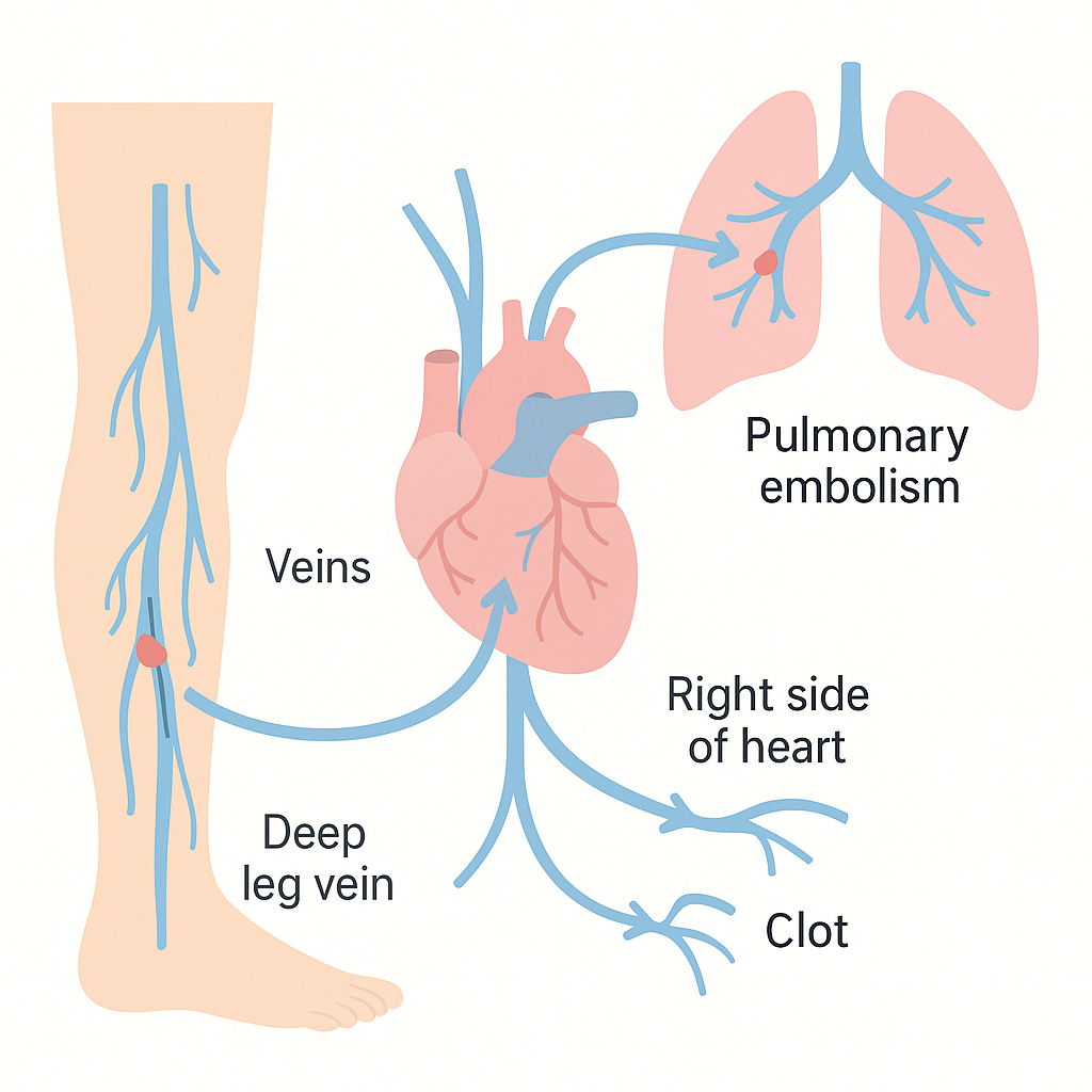 Diagram showing a clot breaking off a leg vein and travelling up through the heart to the lung arteries as a pulmonary embolism.