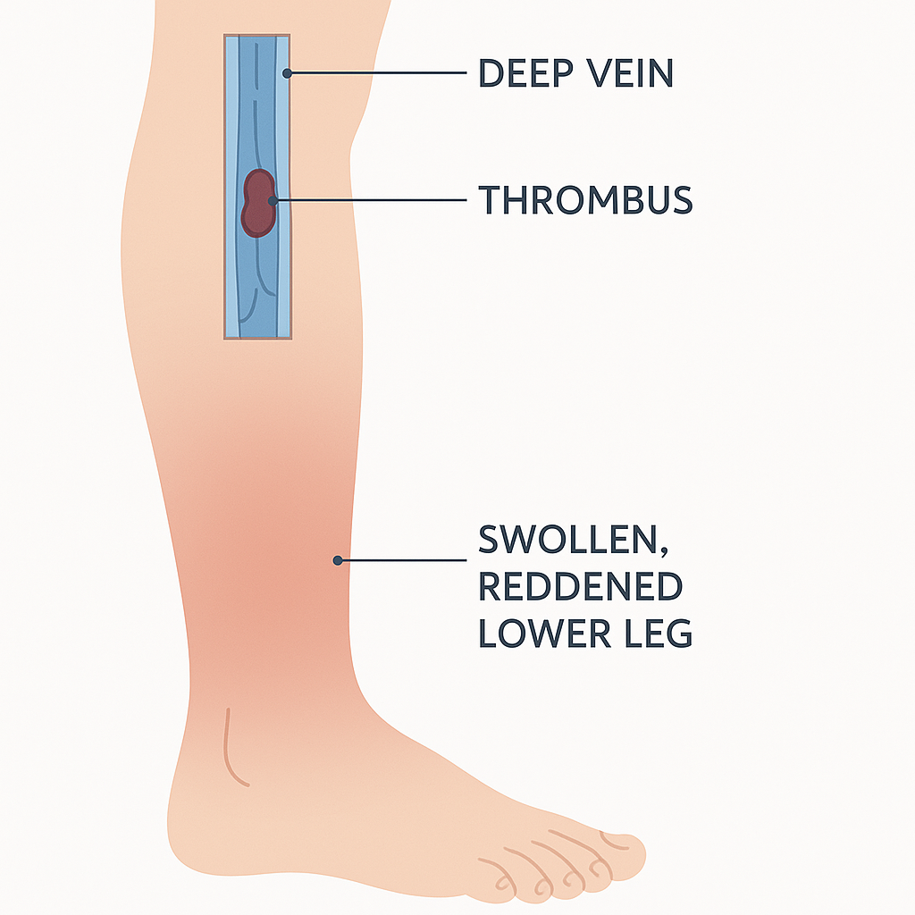 Diagram of a leg's deep vein with a blood clot blocking it. A cross-section of a leg showing the deep vein running down it. A clot has formed inside the vein, blocking blood return so the leg below swells.