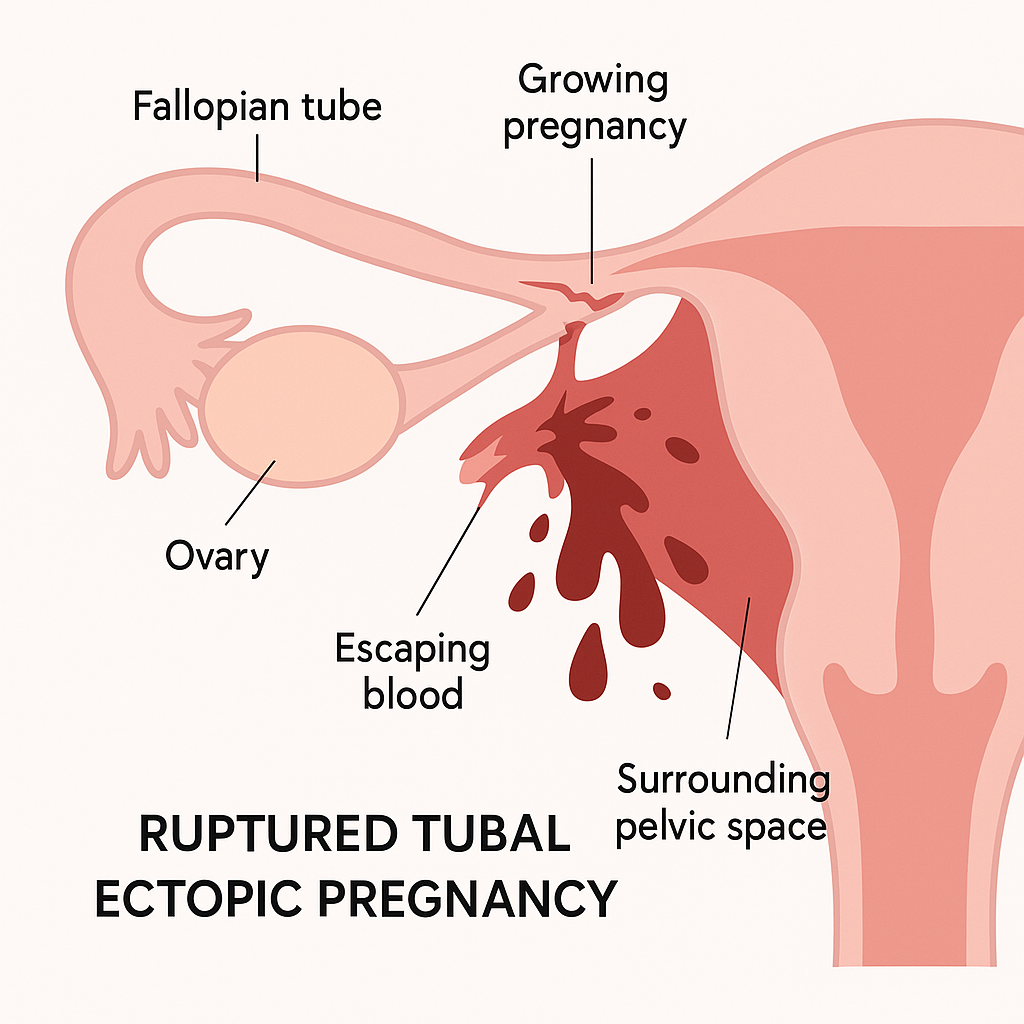 Diagram of a ruptured tubal ectopic pregnancy with the torn fallopian tube bleeding into the pelvic space.