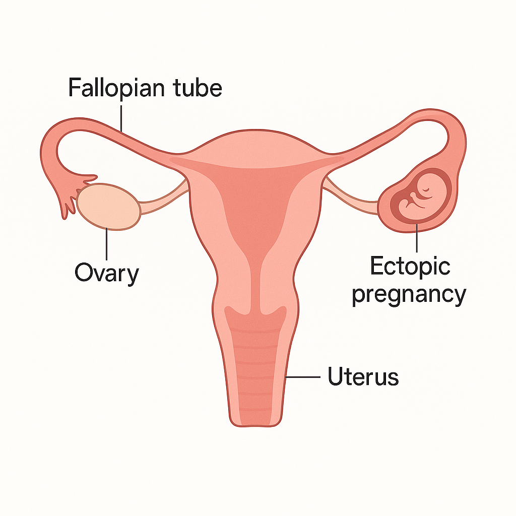 Diagram of the uterus and fallopian tubes with a pregnancy implanted in a tube. The uterus sits in the centre with a fallopian tube and ovary on each side. Instead of settling in the uterus, a pregnancy has implanted and is growing inside the narrow left fallopian tube, stretching it.