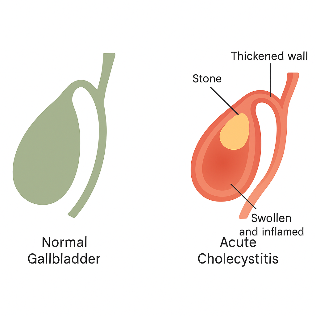 Diagram of acute cholecystitis: a stone stuck in the gallbladder neck with a thickened, inflamed gallbladder wall.