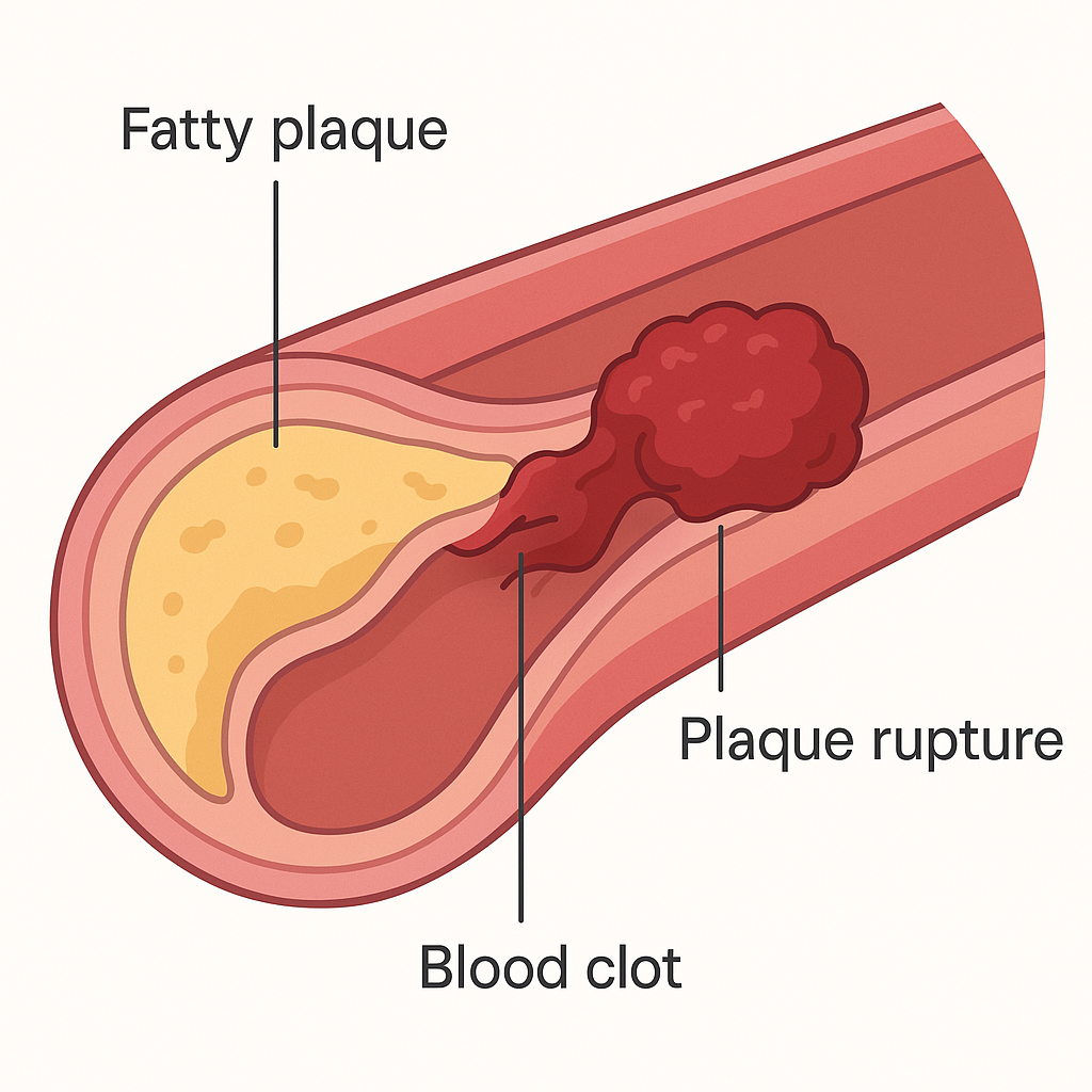 Cross-section diagram of a coronary artery with a ruptured fatty plaque and a blood clot blocking the channel.