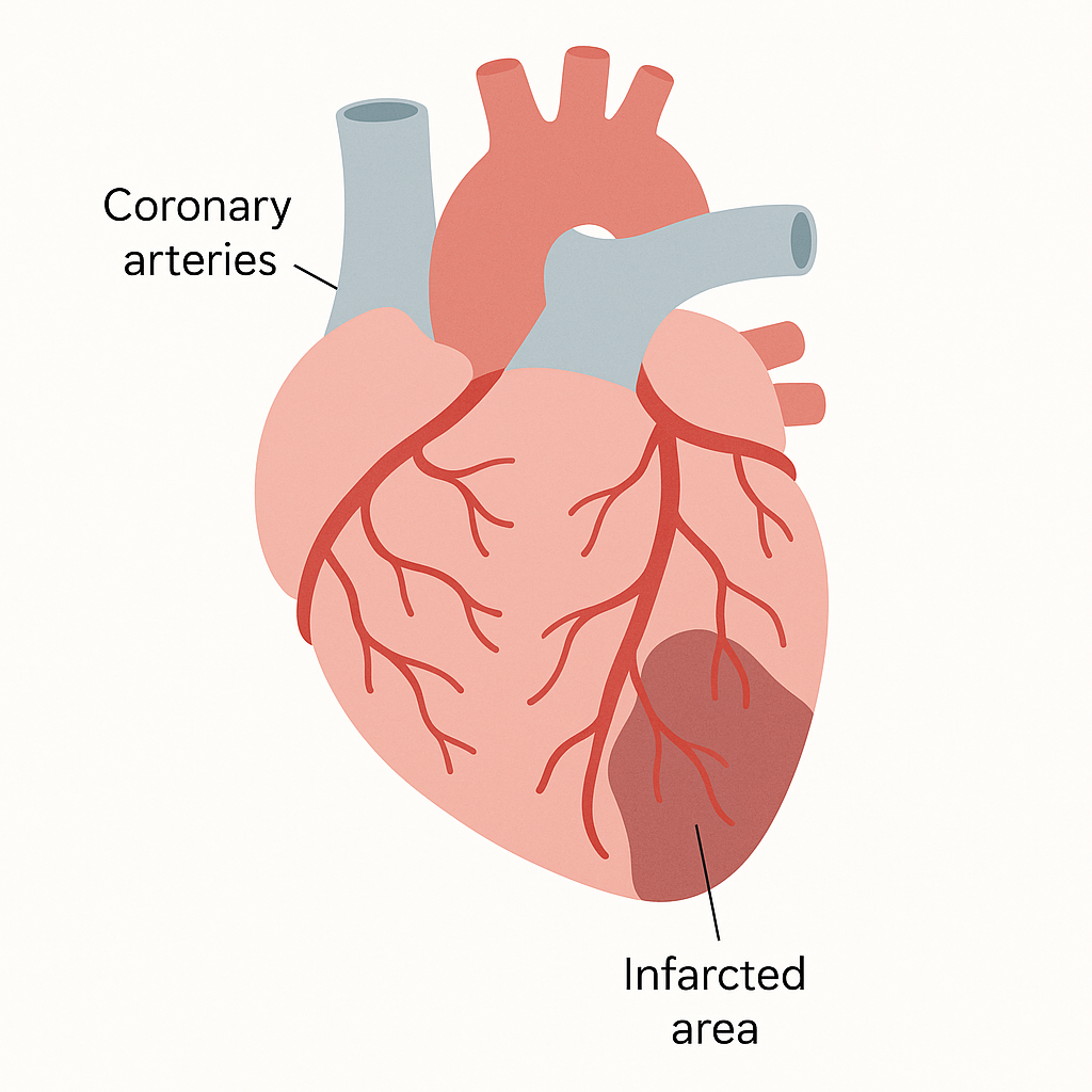 Diagram of the heart's coronary arteries with the muscle territory of a blocked artery shaded as a damaged area.
