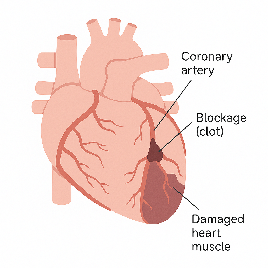 Diagram of the heart with a blocked coronary artery and damaged muscle. The heart's own muscle is fed by coronary arteries on its surface. One artery is blocked by a clot, and the area of muscle beyond the blockage is being damaged from lack of blood.