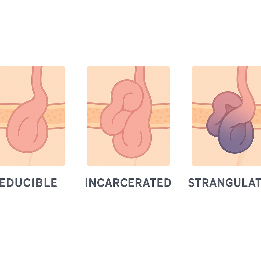 Diagram of three hernia stages: reducible, incarcerated, and strangulated with the trapped bowel losing its blood supply.