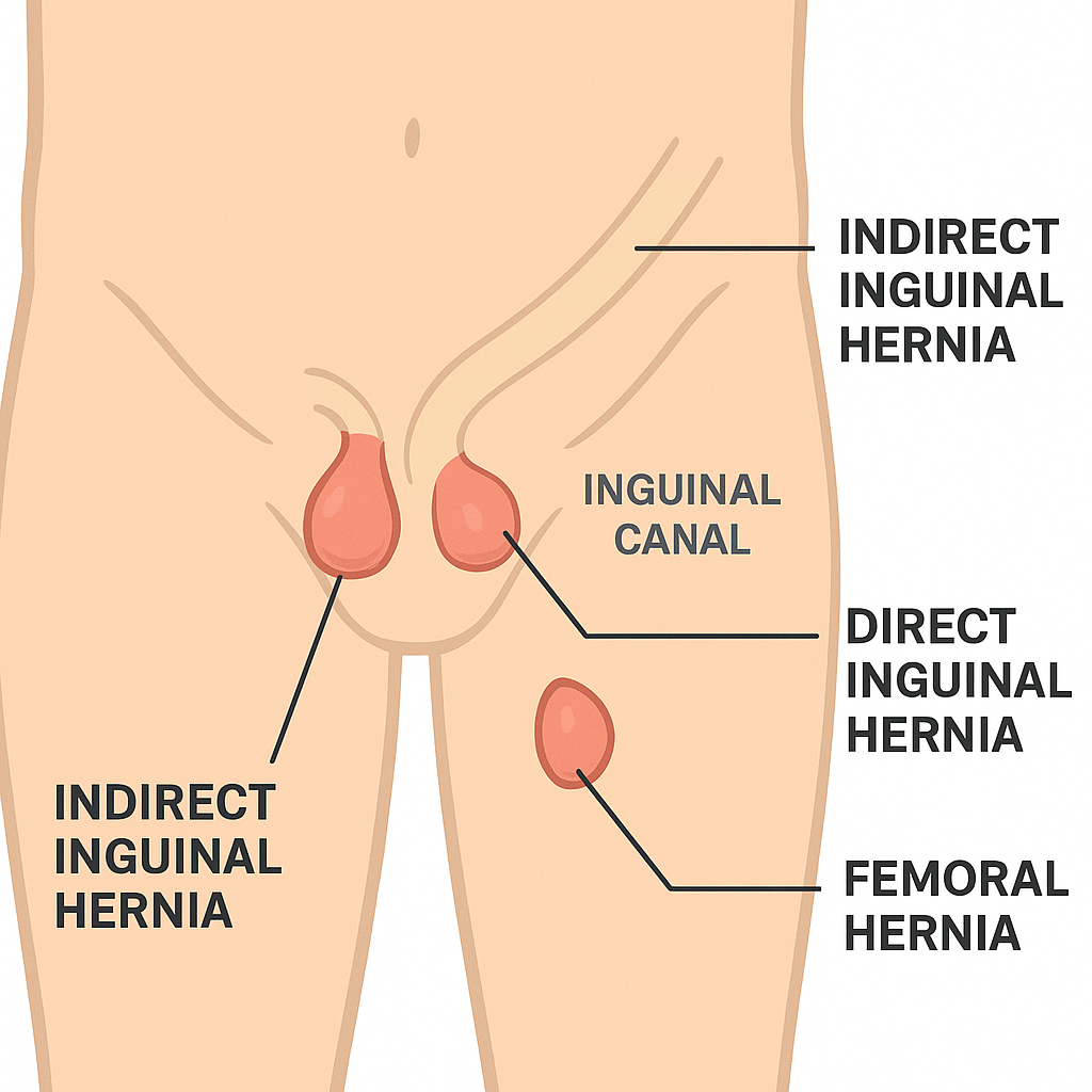 Diagram of the groin showing the locations of indirect inguinal, direct inguinal, and femoral hernias.