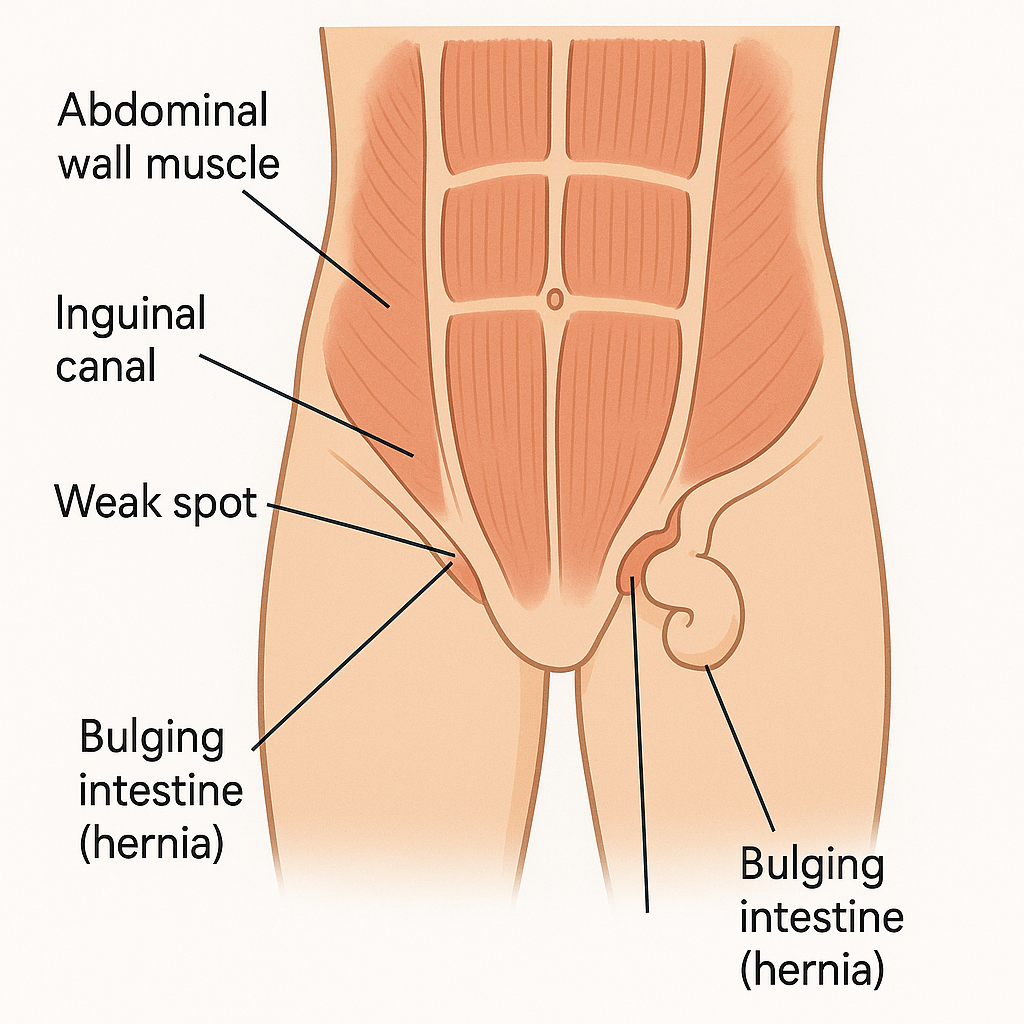 Cross-section of the lower abdominal wall with a loop of bowel pushing through a weak spot. A cut-through view of the lower belly wall. There is a weak gap in the muscle, and a loop of intestine is bulging out through it under the skin, forming a lump.