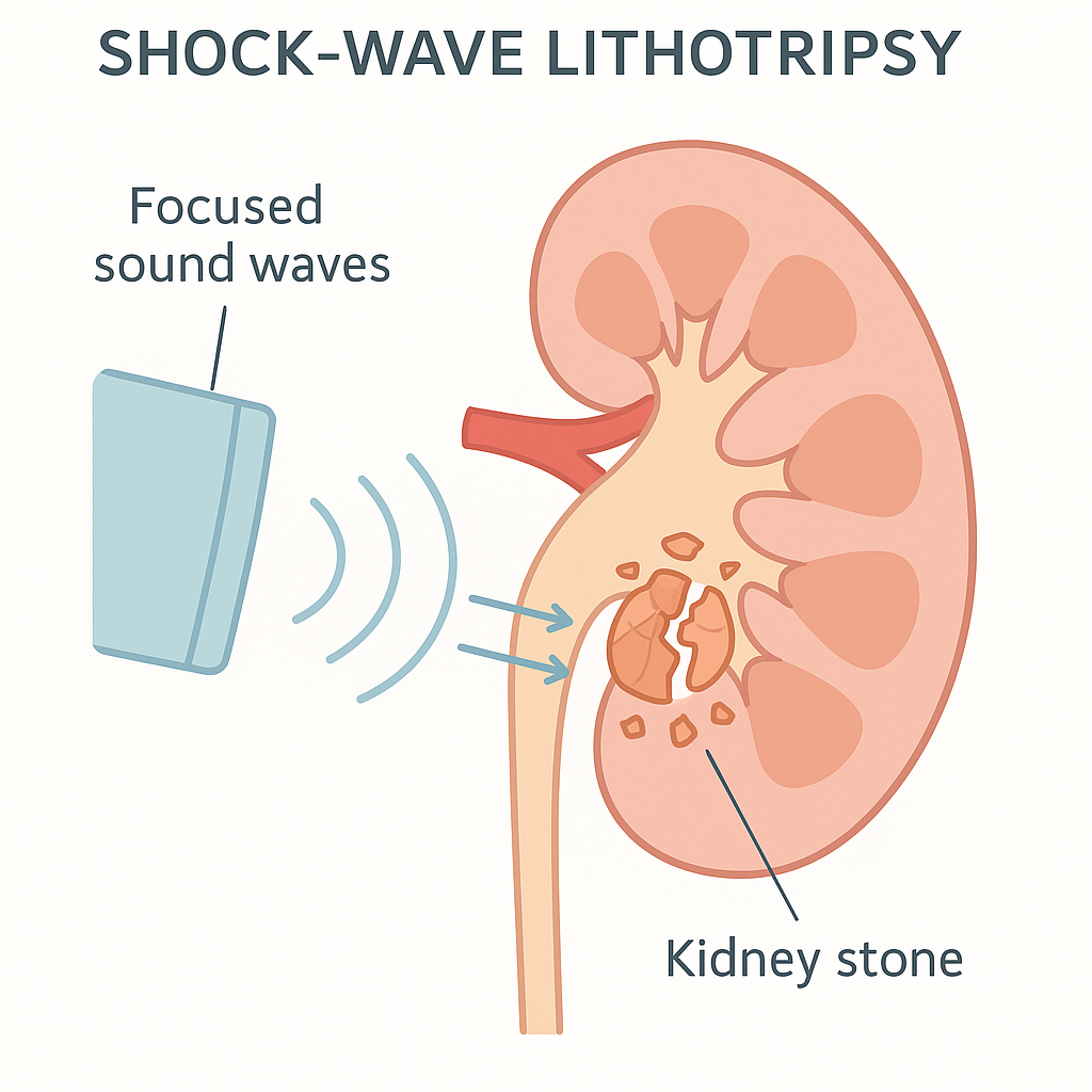 Diagram of shock-wave lithotripsy: focused sound waves from outside the body breaking a kidney stone into small fragments.