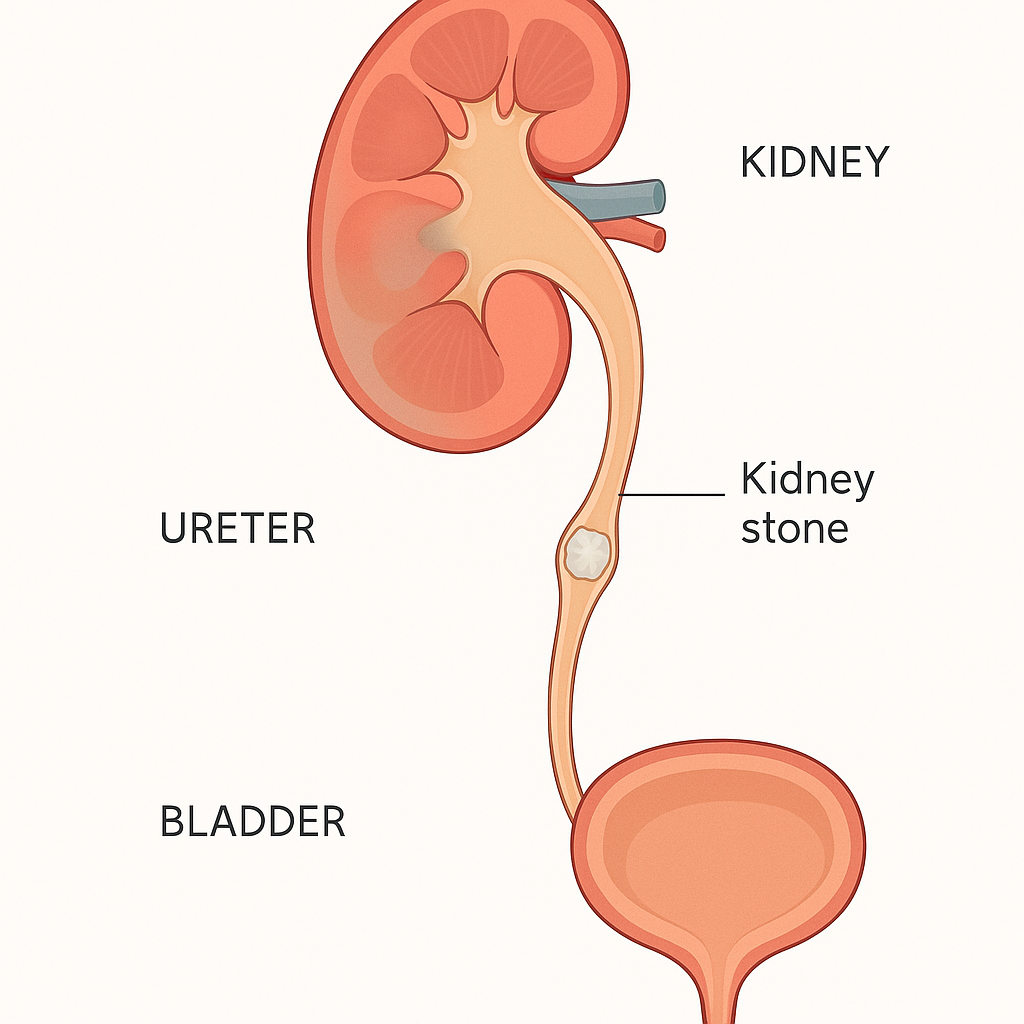 Diagram of a kidney, ureter and bladder with a stone lodged in the ureter. A bean-shaped kidney drains through a long ureter tube into the bladder. A hard stone is stuck partway down the ureter, blocking flow and causing urine to back up and swell the kidney above it.