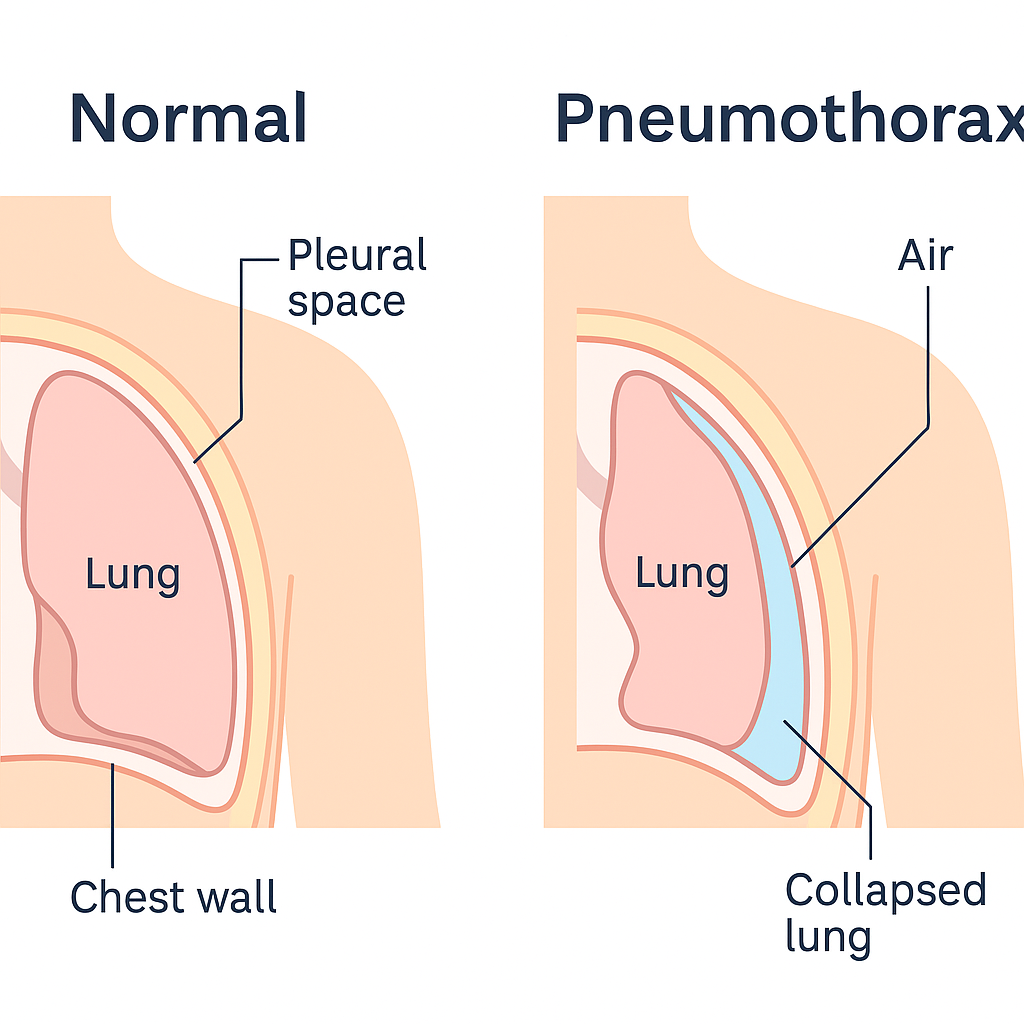 Side-by-side diagram comparing a normal lung held open by the pleural seal and a collapsed lung after air enters the pleural space.