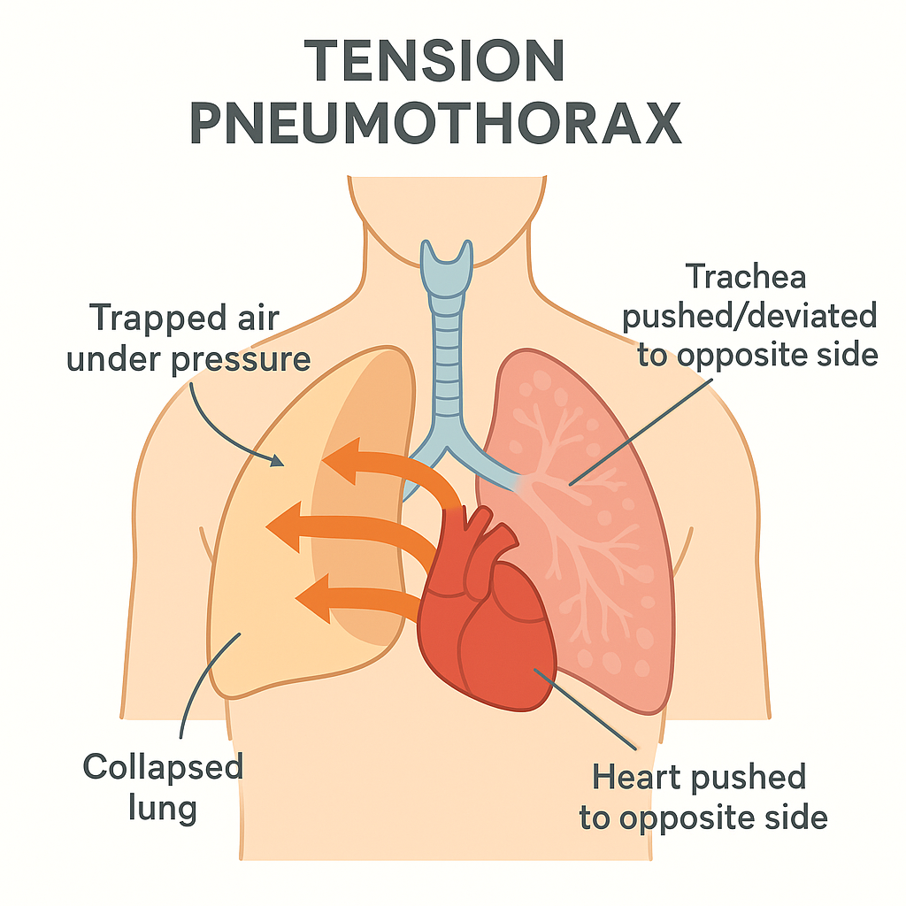 Diagram of a tension pneumothorax with trapped air pushing the heart and windpipe toward the opposite side of the chest.