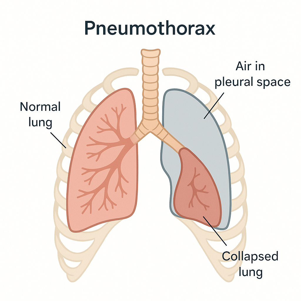 Diagram of the chest with one lung collapsed by air in the surrounding space. A chest with two lungs. The right lung is full and normal; the left has leaked air into the space around it, and that trapped air has squashed the lung down to a small clump.