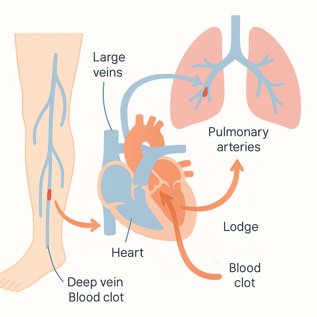 Diagram of a clot travelling from a leg vein up through the right heart into the lung arteries.