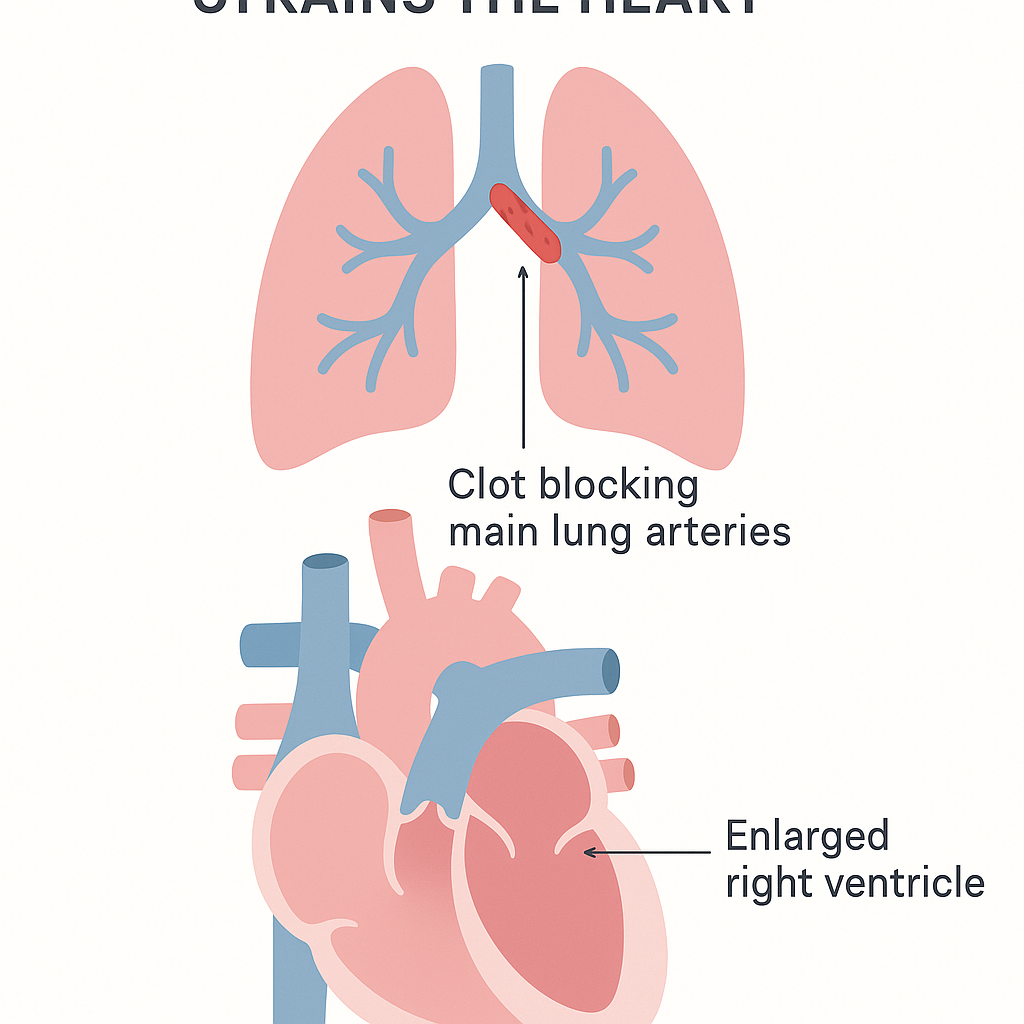 Diagram of a large pulmonary embolism straining the heart, with an enlarged right ventricle pumping against a blocked lung artery.