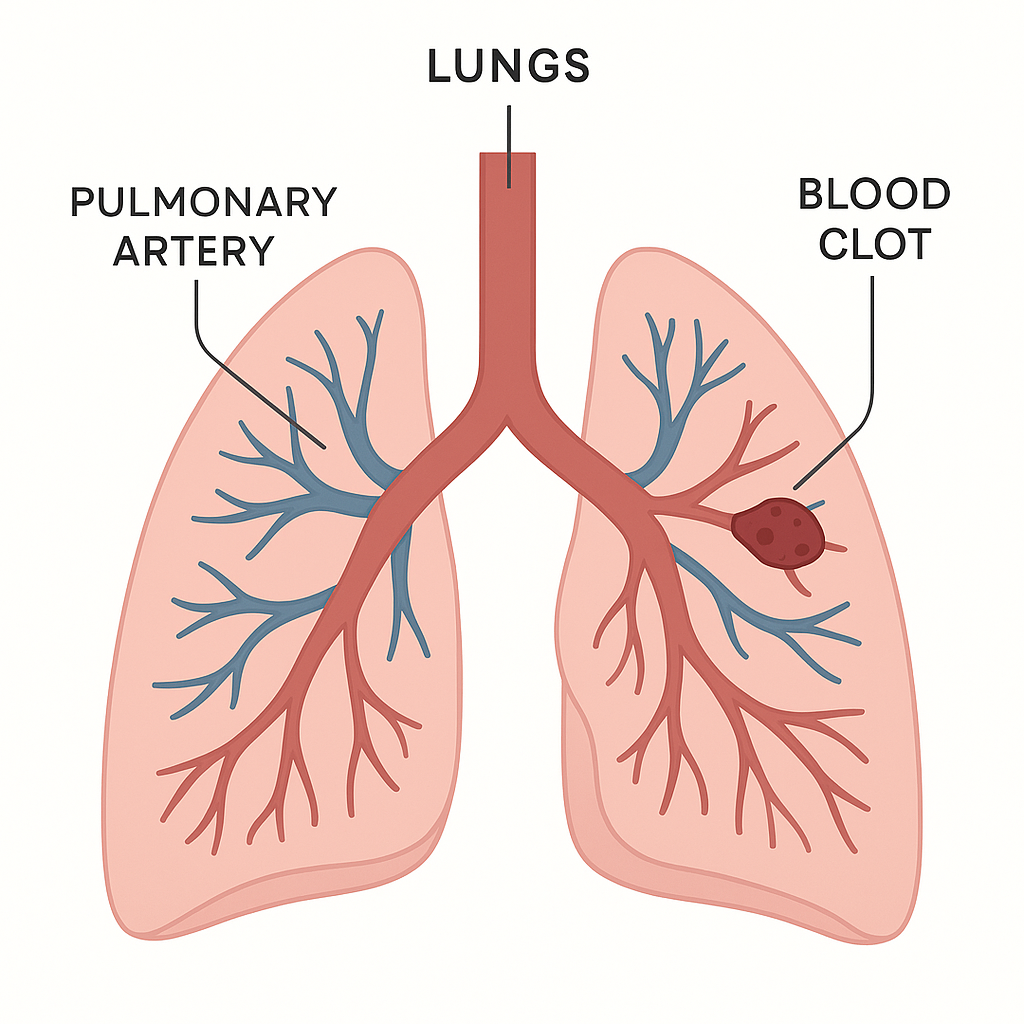 Diagram of the lungs with a clot lodged in a pulmonary artery. Blood travels from the heart into the arteries of both lungs. A clot that broke off from a leg vein has lodged in a lung artery, blocking blood from reaching part of the lung.