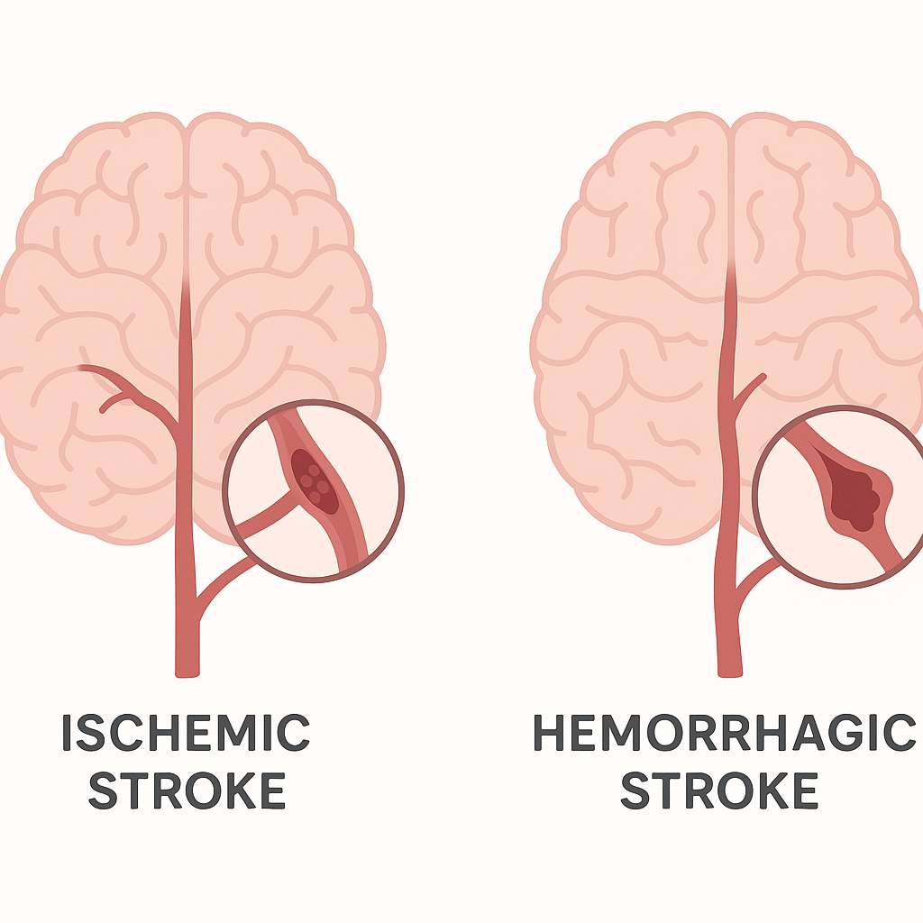 Side-by-side diagram comparing an ischemic stroke from a clot and a hemorrhagic stroke from a burst, bleeding brain artery.