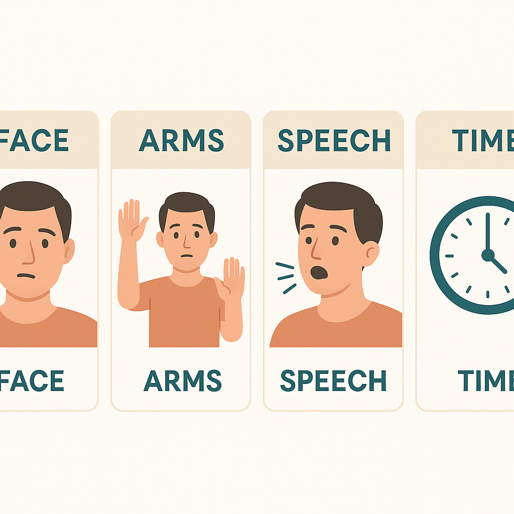 Diagram of the FAST stroke warning signs: facial drooping, arm weakness, slurred speech, and a clock for time.
