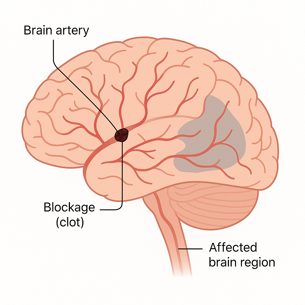 Diagram of the brain with a blocked artery and an affected region. An artery supplying the brain is blocked by a clot. The region of brain fed by that vessel is no longer receiving blood and its function is lost.